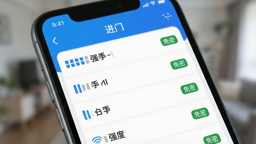 ����ʾ��ͼ���ֻ���Ļ��д����ʾ�����š�APP��WiFiɨ����ҳ�棬�б����ж��WiFi���ƣ�ÿ�������Զ����ź�ǿ��ͼ�꣨����/����/���񣩣������ȵ��ע�����ܡ���ɫС��ǩ����������ɫΪ��ɫ������Ϣ�������룬�����黯������ͻ��APP�������ݣ����������ɾ����޶���Ԫ�ء�