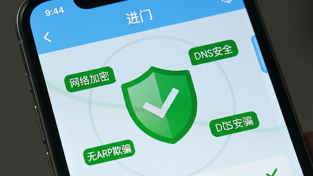 ��ȫ�������ͼ���ֻ���Ļ����ʾ�����š�APP�İ�ȫɨ������ҳ��������һ��������ɫ����ͼ�꣬�������жԹ�����Χ�����š�������ܡ���DNS��ȫ������ARP��ƭ������ɫ��ǩ������Ϊǳ��ɫ���������࣬�������������ʸɾ����޶���Ԫ�ء�