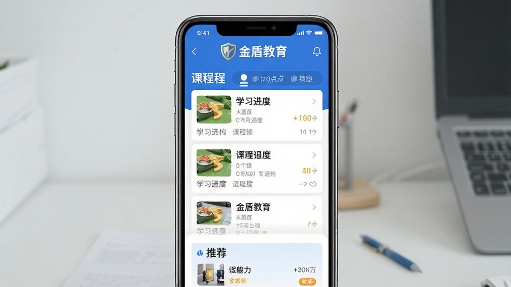 һ��չʾ��ܽ���APP������ĸ����ͼ���ֻ���Ļ����ʾ�γ��б���ѧϰ���Ⱥ��Ƽ�ģ�飬��������ɫ�Ͱ�ɫΪ��ɫ����������ִ������ʸɾ��޶���Ԫ�أ�ͻ������ܽ�����Ʒ��LOGO�������������ۣ����ʸɾ��޶���Ԫ��