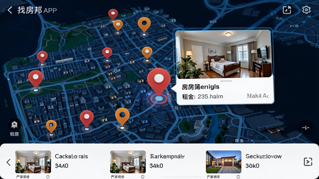�ҷ���APP�ĵ�ͼ�ҷ����棬һ�ų��е�ͼռ����Ļ�󲿷֣���ͼ�Ϸֲ��Ŷ����ɫ�ͳ�ɫ�ķ�Դλ�ñ�ǵ㣬�������һ����ǵ㣬����һ����Դ��鿨Ƭ����ʾ����ͼƬ�������Ļ�ײ���һ����Դ�б����������Ƽ���ʮ�㣬����������ϸ�ھ��£��޶���Ԫ�ء�