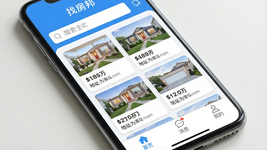 һ���ֻ���Ļ����д����Ļ��������ʾ���ҷ��APP�������棬��������ˬ��������ɫΪ�����������������м��Ƿ�Դ��Ƭ�б���ÿ�ſ�Ƭչʾ����ͼƬ�����۸�͵�ַ��Ϣ���ײ��С���ҳ��������Ϣ�������ҵġ�����ѡ����������ƽ�������ʸɾ���������ͣ��޶���Ԫ�ء�