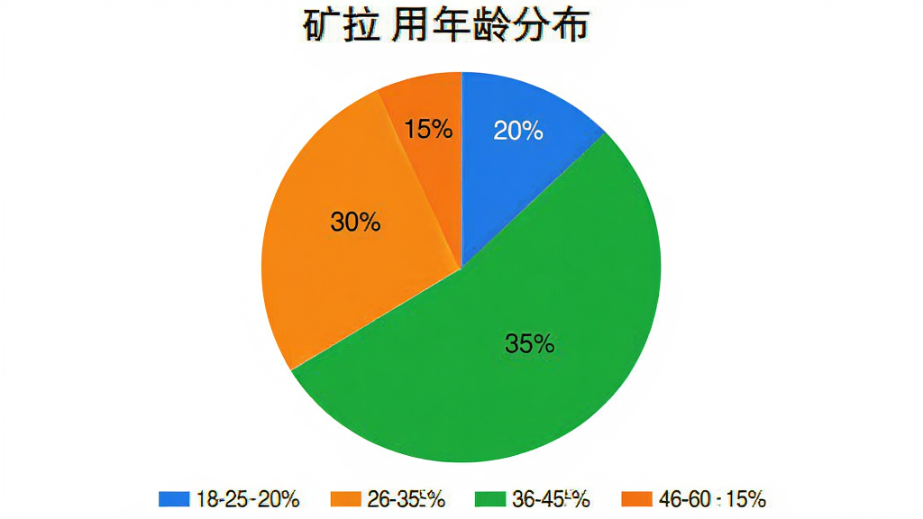 一个饼状图,展示矿拉拉用户年龄分布,其中18-25岁占20%,26-35岁占35%,36-45岁占30%,46-60岁占15%,饼图配色鲜艳,每个扇区标注百分比,下方有图例说明,整体简洁明了。