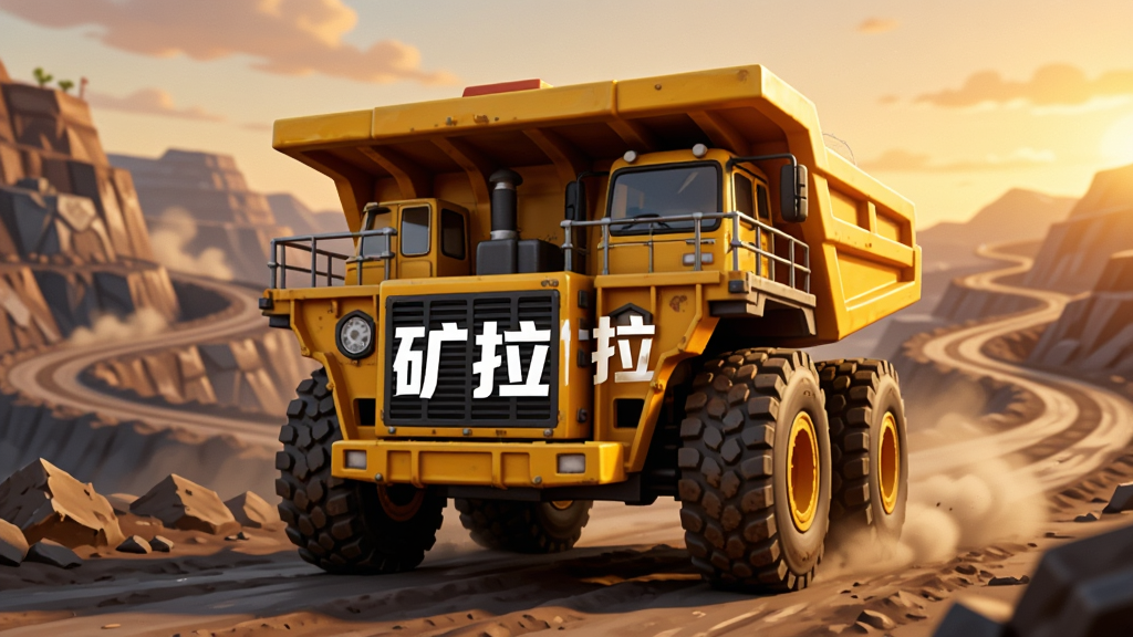一张横版游戏宣传图,画面中央是一辆黄色的重型矿用卡车,车头印有“矿拉拉”三个白色大字,背景是层叠的矿山和蜿蜒的运输道路,天空呈现黄昏暖色调,整体布局均衡,风格写实且略带卡通渲染,细节包括卡车轮胎的泥土和远处升起的尘土,画质高清干净,无多余元素。