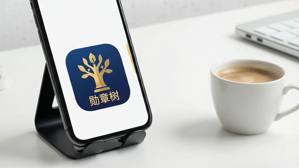 一张展示手机主屏幕的图片,屏幕上醒目地显示着“勋章树”APP的图标,图标风格简洁现代,以深蓝色和金色为主色调。旁边有手机支架和一杯咖啡,背景是简洁的书桌,整体布局干净,排版清晰,画质高清,无多余元素