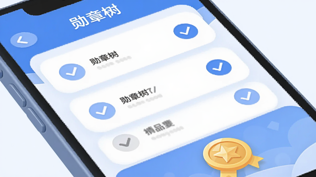 手机应用界面特写,显示“勋章树”的任务列表,每个任务旁有圆形勾选框,底部有金色勋章图标,界面以蓝白配色为主,扁平化设计风格,细节圆润,画质干净无多余元素