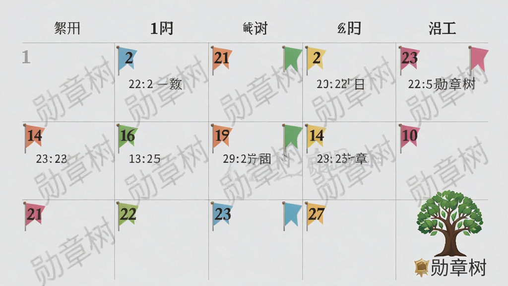 日历界面展示,上面标注着几个纪念日,日期旁边有彩色小旗帜和“勋章树”水印。设计风格清新,背景为浅灰色,文字清晰,布局规整,画质高清