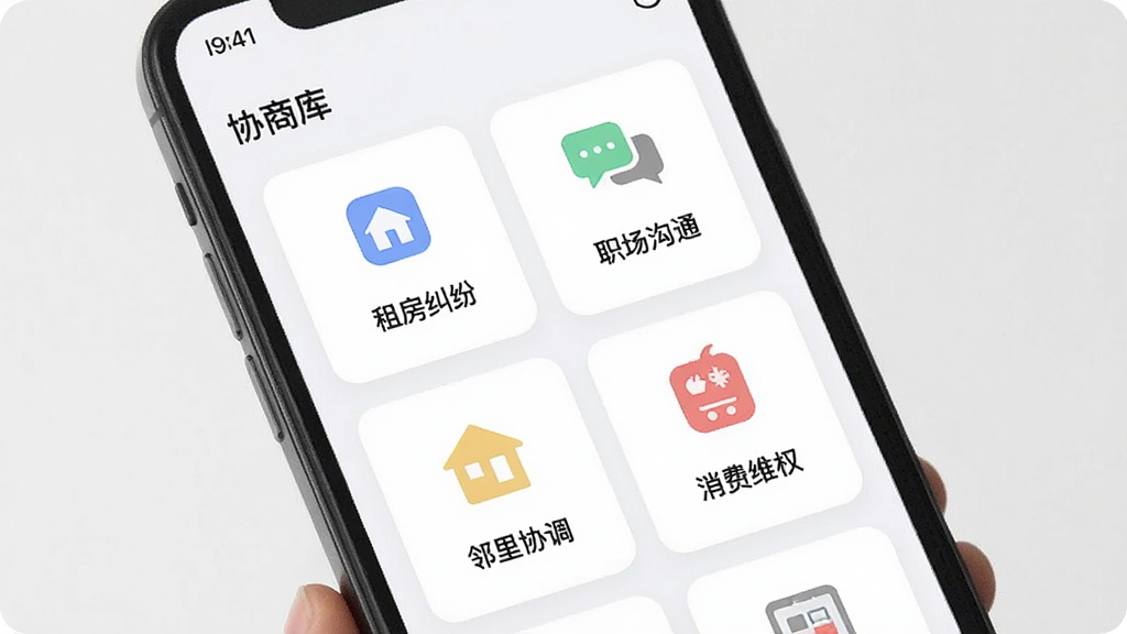 图片描述:手机屏幕展示“协商”APP的模板库页面,屏幕上用卡片形式罗列了多个模板图标,如“租房纠纷”、“职场沟通”、“邻里协调”、“消费维权”等,每个卡片都有彩色小图标和简短标题,背景干净,界面扁平化设计,色彩柔和,画质清晰无多余元素
