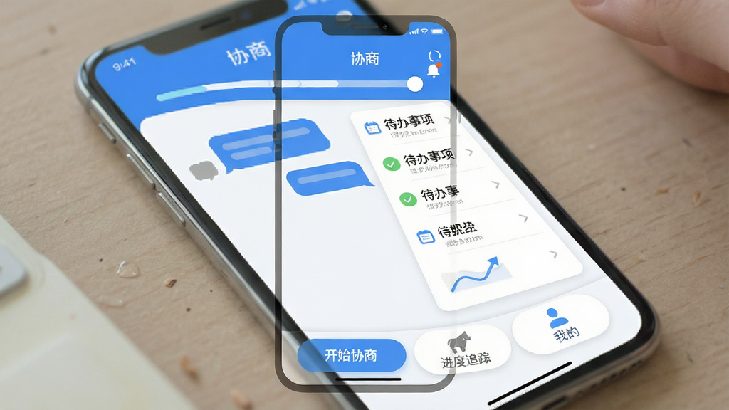 图片描述:软件主界面截图风格,显示“协商”APP在手机屏幕上的全貌,界面以蓝白为主色调,顶部有协商进度条和消息提醒图标,中间是对话气泡和待办事项列表,底部有“开始协商”、“进度追踪”、“我的”三个选项按钮,整体布局清晰,风格现代扁平,细节圆润,画质干净无多余元素
