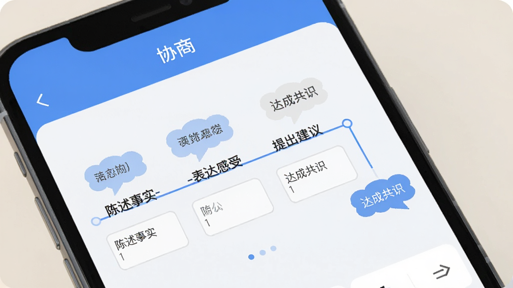 图片描述:手机APP界面特写,显示“协商”的智能引导功能页面,屏幕上以时间线形式展示“陈述事实-表达感受-提出建议-达成共识”四个步骤,每一步有对应的文字输入框和提示气泡,背景柔和,界面以蓝白为主,扁平化设计,文字清晰,画质干净无多余元素