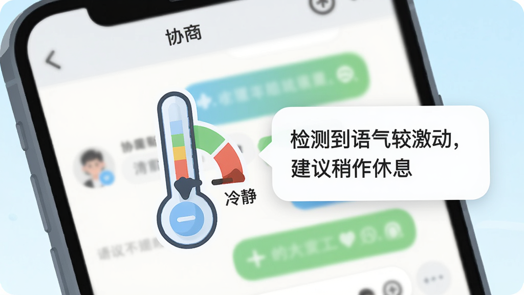 图片描述:手机界面显示“协商”APP的情绪提示功能,屏幕中央有一个温度计图标,指针指向“冷静”区域,旁边弹出提示框写着“检测到语气较激动,建议稍作休息”,背景是模糊的聊天界面,整体色调清新,扁平化插画风格,细节圆润,画质干净