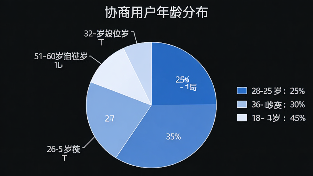 图片描述:饼状图,展示“协商”软件用户年龄分布,18-25岁占25%,26-35岁占35%,36-50岁占30%,51-60岁占10%,图表配色为蓝白系,图例清晰,标题为“协商用户年龄分布”,整体简洁大方,画质干净