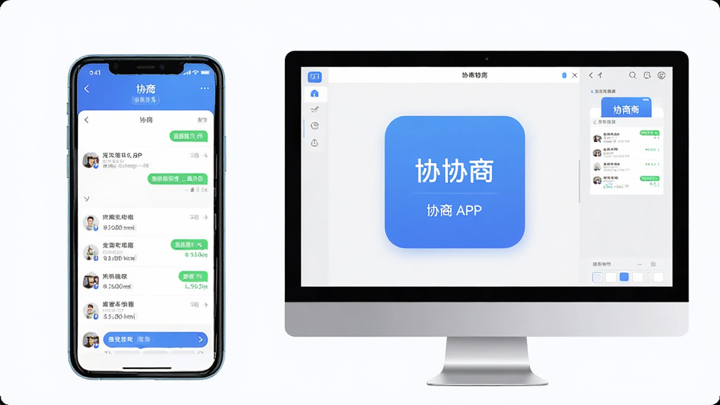 图片描述:手机和电脑并排展示“协商”APP的界面,左侧是手机屏幕显示协商对话列表,右侧是电脑屏幕显示模拟器中的同款界面,背景干净,蓝白配色,画面清晰,风格简洁,突出跨设备使用,画质干净无多余元素