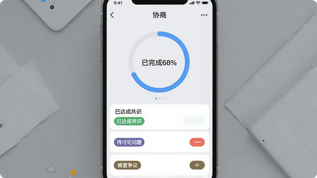 图片描述:APP截图,显示“协商”的进度追踪界面,屏幕上有一个圆环进度图,显示“已完成68%”,下方是“已达成共识”、“待讨论问题”、“搁置争议”三个分类列表,每项都有彩色标签,背景为浅灰色,界面风格现代简洁,数据可视化清晰,画质干净无多余元素
