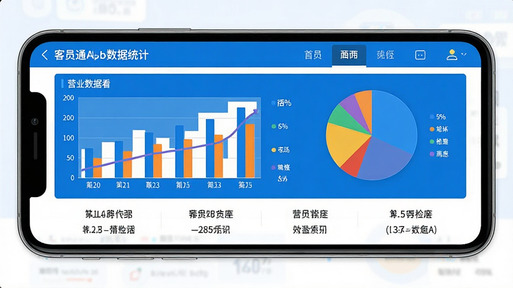 һ��չʾ��ԱͨApp����ͳ��ҳ���ͼƬ���������ֻ���Ļ�ϵ�Ӫҵ���ݿ��壬������״ͼ�ͱ�״ͼ��ͼ���·�����ϸ�����ֱ�ע������������רҵ��������ɫ��ͼ��ɫ�ʷ��������ʸɾ����޶���Ԫ�ء�