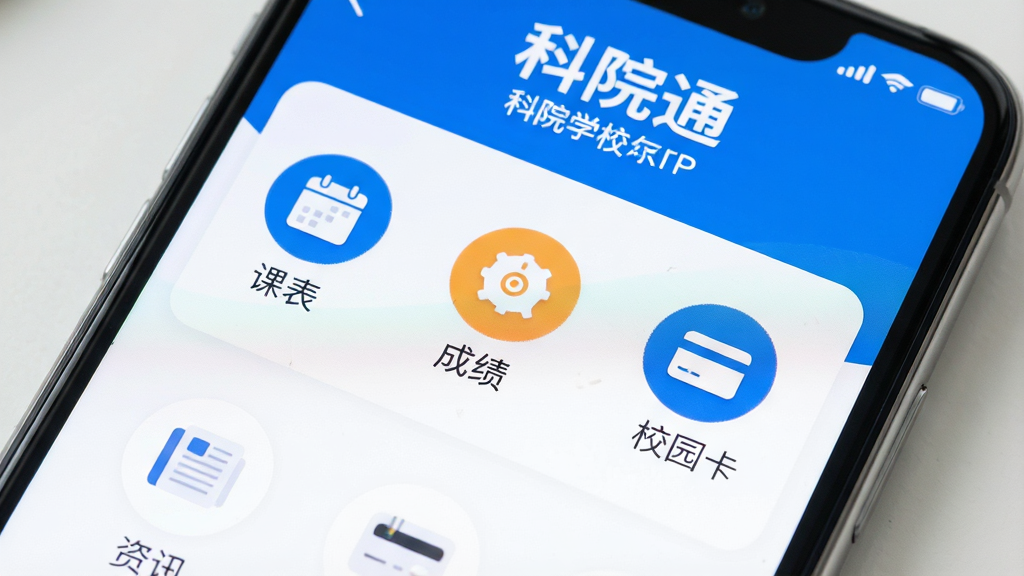 一张手机屏幕的特写,屏幕中清晰显示“科院通”APP的主界面,界面风格简洁现代,以蓝色和白色为主色调,顶部显示“科院通”字样和学校名称,下方排列着“课表”、“成绩”、“校园卡”、“资讯”等圆形图标,整体布局清晰,色彩明快,画质高清,干净无多余元素。
