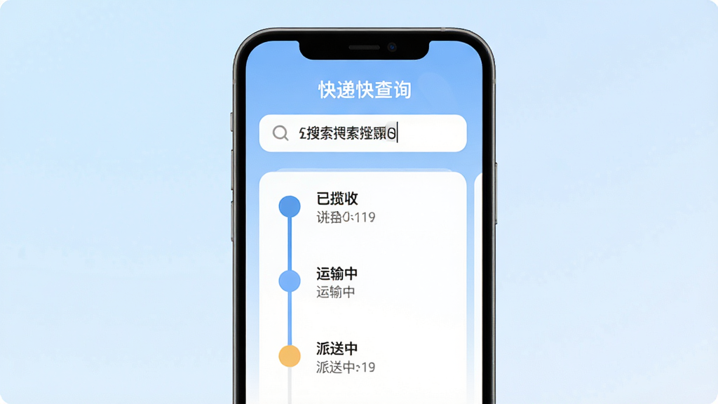 手机屏幕中央显示“快递快查询”App主界面,顶部搜索框内输入快递单号,下方展示物流轨迹时间线,包含已揽收、运输中、派送中三个节点。背景为淡蓝色渐变,界面风格扁平化,圆角卡片设计,字体清晰,画质干净无多余元素,整体布局简洁直观。