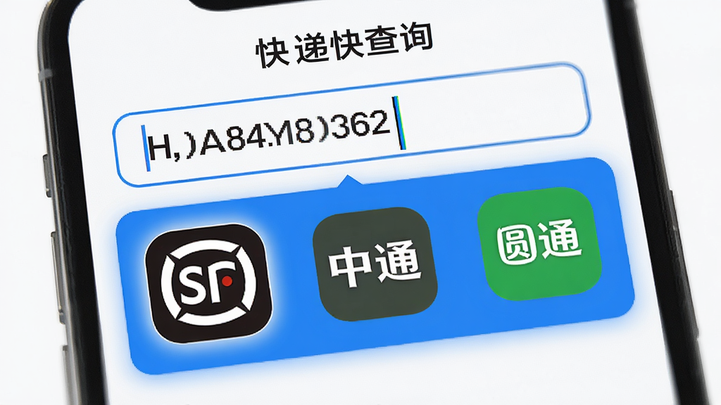 手机界面展示“快递快查询”自动识别快递公司的功能,屏幕上方输入框内有一个快递单号,下方自动弹出顺丰速运、中通快递、圆通速递三个图标并高亮选中顺丰,界面以白色和蓝色为主,图标圆润清晰,背景干净,画质细腻无多余元素。