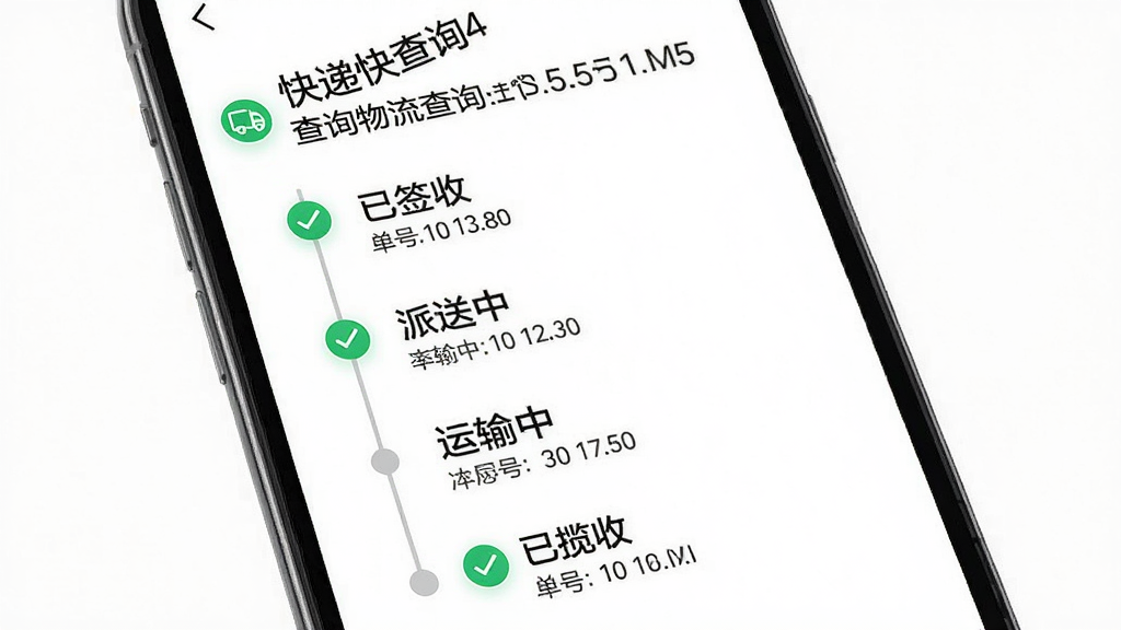 手机屏幕显示“快递快查询”物流轨迹详情页,时间线从上到下排列,包含“已签收”“派送中”“运输中”“已揽收”四个节点,每个节点配有绿色对勾图标和具体时间,顶部显示快递公司名称和单号,界面风格简洁现代,背景为纯白色,文字清晰,画质干净。