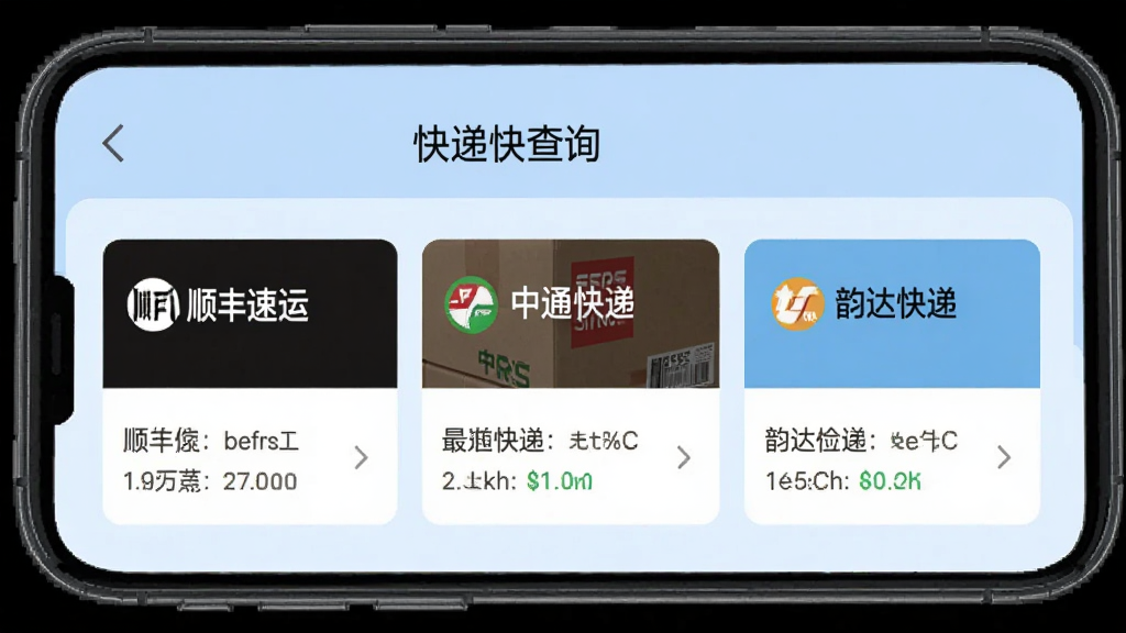 手机屏幕展示“快递快查询”批量查询界面,屏幕上同时显示三个快递卡片,分别标注“顺丰速运”“中通快递”“韵达快递”,每个卡片下方有最新的物流状态文字,界面布局整齐,卡片式设计,背景为浅蓝色,画质清晰无多余元素。