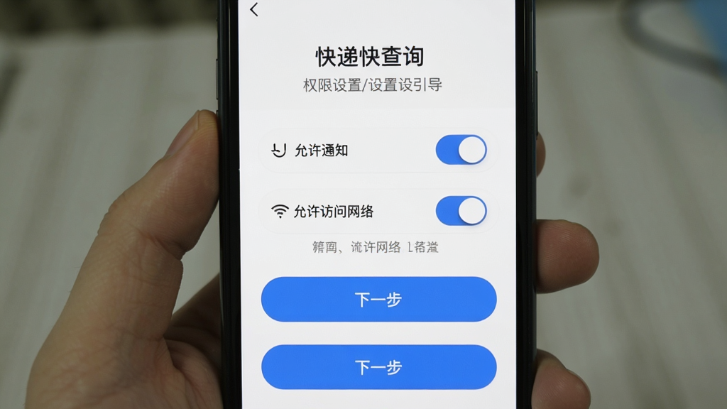 手机屏幕展示“快递快查询”权限设置引导页面,界面上有“允许通知”“允许访问网络”两个开关按钮,下方有“下一步”按钮,背景为白色,按钮为蓝色圆角矩形,文字说明清晰,整体风格简洁,画质干净。