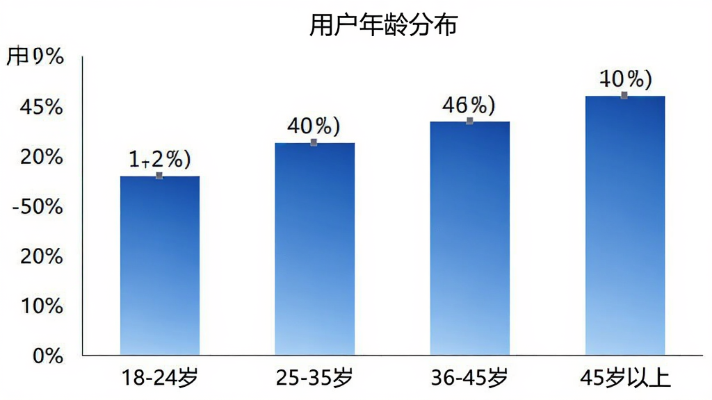 柱状图展示“快递快查询”用户年龄分布,横轴为“18-24岁”“25-35岁”“36-45岁”“45岁以上”,纵轴为用户占比百分比,柱状颜色为蓝色渐变,图表标题为“用户年龄分布”,背景为白色,数据标签清晰,画质干净无多余元素。