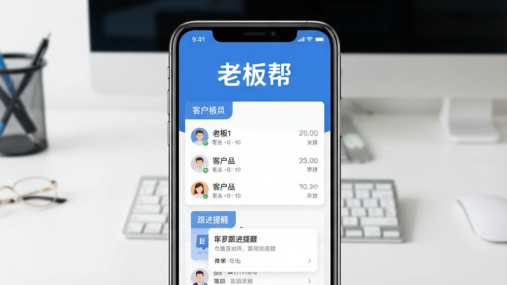 一张展示老板帮软件核心界面的图片,画面中央是手机屏幕,屏幕内显示老板帮APP的主页,顶部有“老板帮”三个大字,下方是客户列表和跟进提醒卡片,布局清晰,风格现代扁平,主色调为蓝色和白色,背景是简洁的办公桌面,画质干净,无多余元素