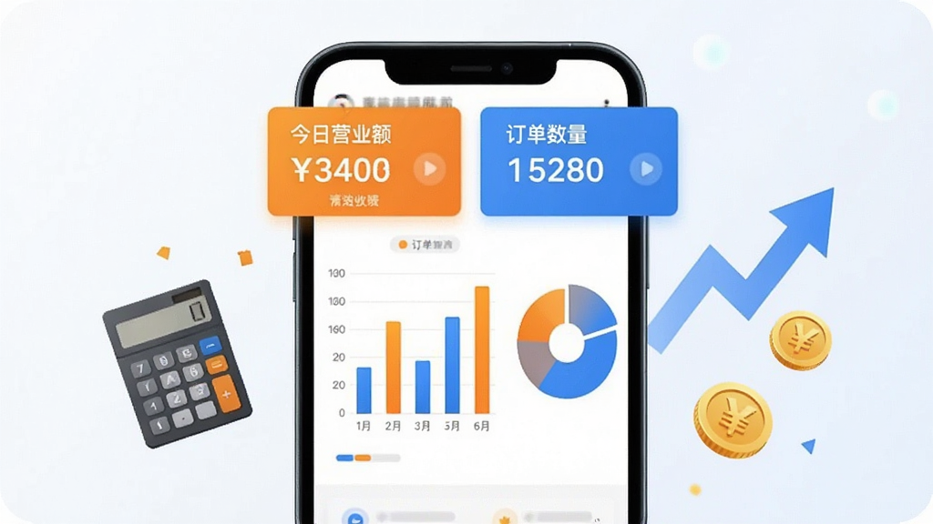 卖货猫数据统计页面,画面中央是一个手机屏幕显示着柱状图和饼状图,图表颜色以橙色和蓝色为主,屏幕上方有“今日营业额”和“订单数量”的数字卡片,屏幕旁边漂浮着计算器、上升箭头和金币的图标,背景干净明亮,风格商务简洁,画质清晰,无多余元素