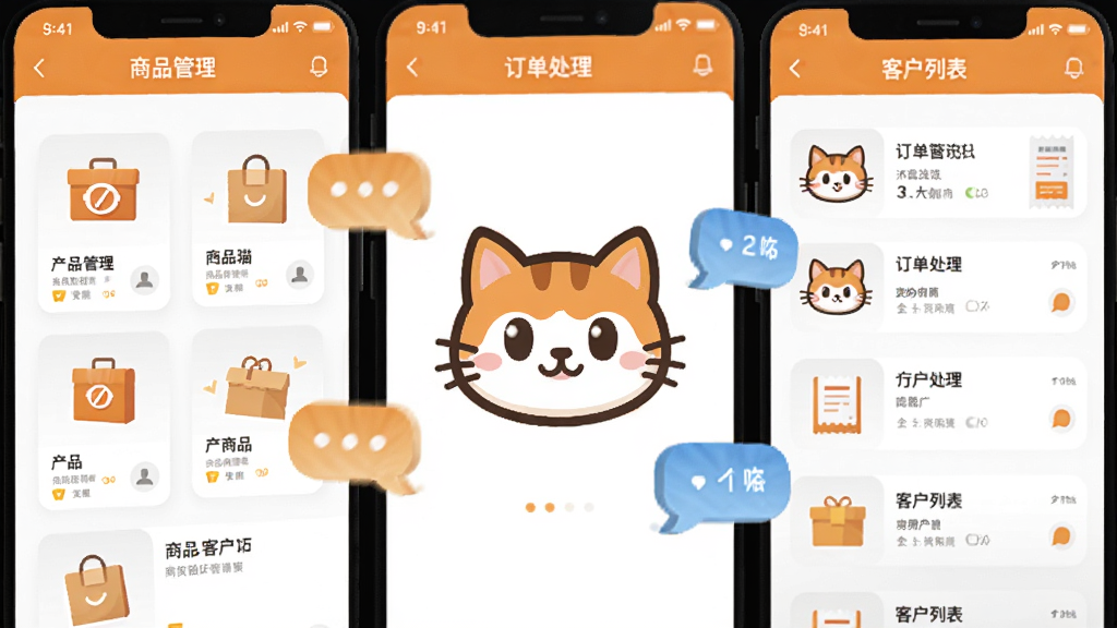 卖货猫手机应用主界面截图,展示商品管理、订单处理和客户列表三大核心功能区,画面中央是卖货猫的卡通猫头Logo,周围环绕着商品卡片、聊天气泡和订单小票的图标元素,整体布局清晰分层,风格轻松活泼,扁平化设计,色彩以暖橙色和白色为主,画质干净,无多余元素