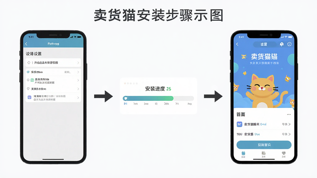 卖货猫安装步骤示意图,画面分为三个部分,左侧是手机设置中开启未知来源权限的界面,中间是卖货猫的安装进度条,右侧是软件成功打开后的首页面,三部分用箭头连接,背景简洁,风格扁平化,画质干净,无多余元素