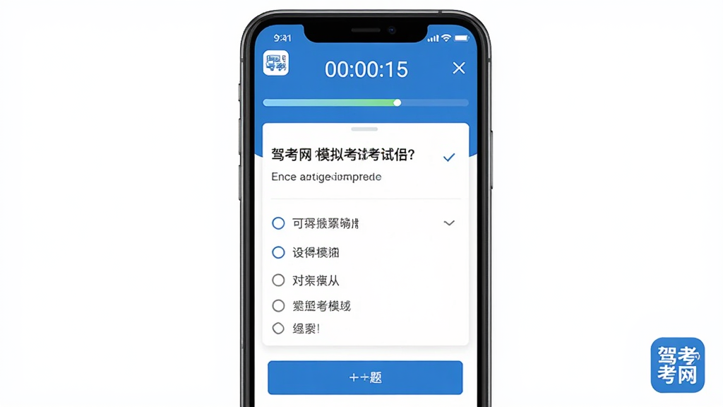 一张展示驾考网模拟考试界面的图片,画面中手机屏幕显示模拟考试进行中,顶部有倒计时和进度条,中间是题目和选项,底部有下一题按钮,屏幕角落有驾考网的小图标,风格简洁,蓝白配色,画质干净无多余元素