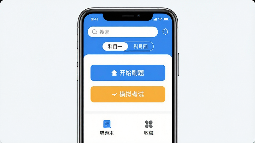 一张展示驾考网应用主界面的图片,画面中央是手机屏幕,屏幕内显示驾考网APP的首页,顶部有搜索框和科目一科目四切换标签,中间是醒目的开始刷题和模拟考试按钮,底部是错题本和收藏夹图标,整体布局清晰,风格简洁现代,蓝白配色,画质干净无多余元素