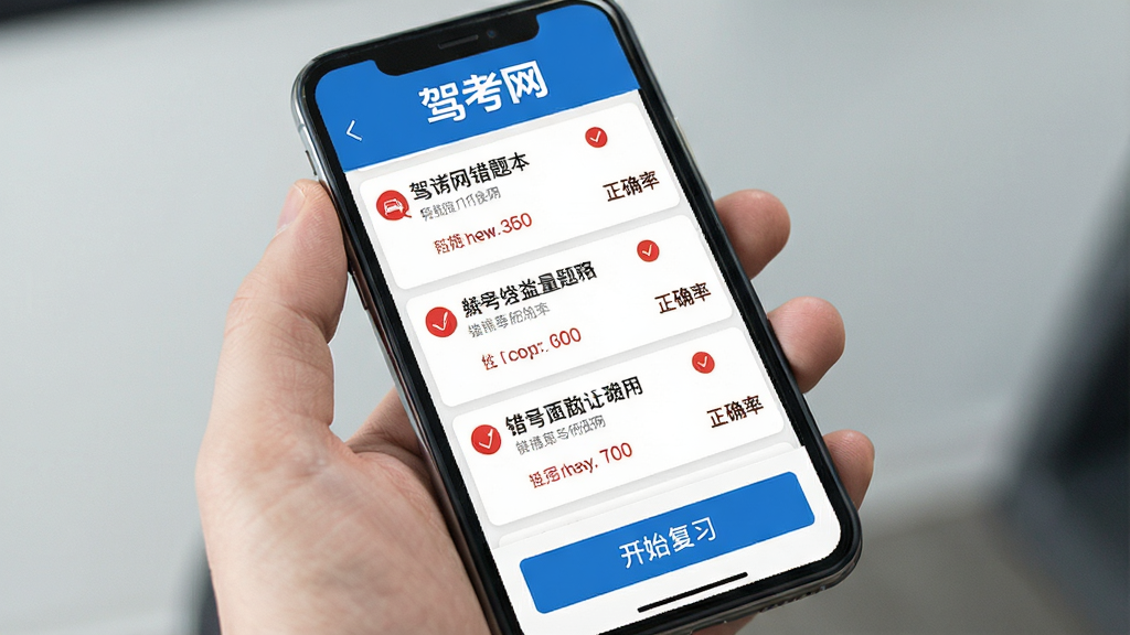 一张展示驾考网错题本界面的图片,画面中手机屏幕显示错题列表,每道错题旁边有红色标记和正确率,顶部有驾考网标志,底部有开始复习按钮,界面整洁,蓝白配色,画质干净无多余元素