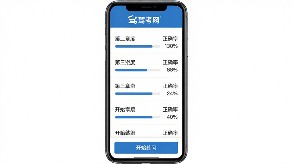 一张展示驾考网章节练习界面的图片,画面中手机屏幕显示章节列表,每个章节旁边有进度条和正确率百分比,顶部有驾考网标志,底部有开始练习按钮,界面整洁,蓝白配色,画质干净无多余元素
