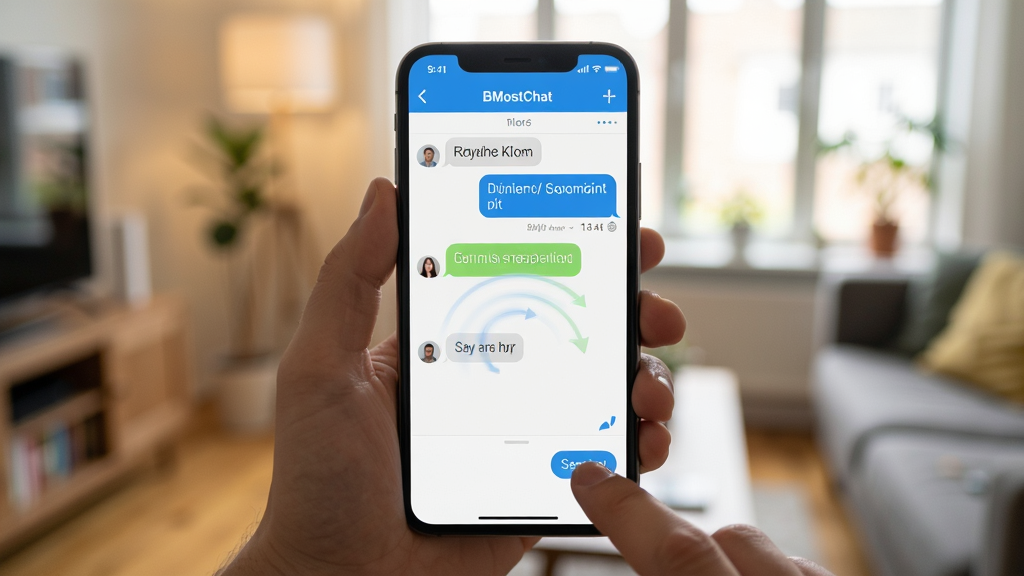һ��չʾBMostChat���ֻ�������������ͼƬ���������ֻ���Ļ��ʾ������棬����Ϊ����չʾ���Ű�ͻ�����������У����Ϊ��ʵʹ�ó�����ϸ������ָ���ڵ�����Ͱ�ť��������ģ�������ڻ���������������Ȼ���޶���Ԫ��