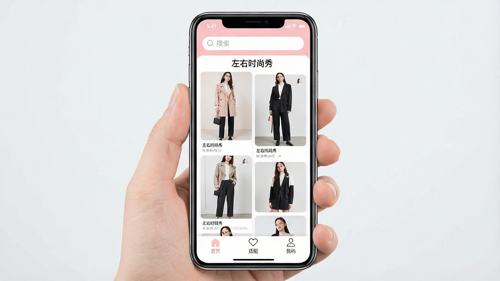 一张展示手机屏幕的图片,屏幕中央是“左右时尚秀”App的主界面,界面设计简洁明亮,以浅粉色和白色为主色调,顶部有搜索栏,中间是瀑布流式的时尚穿搭图片卡片,底部导航栏有首页、搭配、我的三个图标,画面风格清新现代,画质干净清晰,无多余杂乱元素