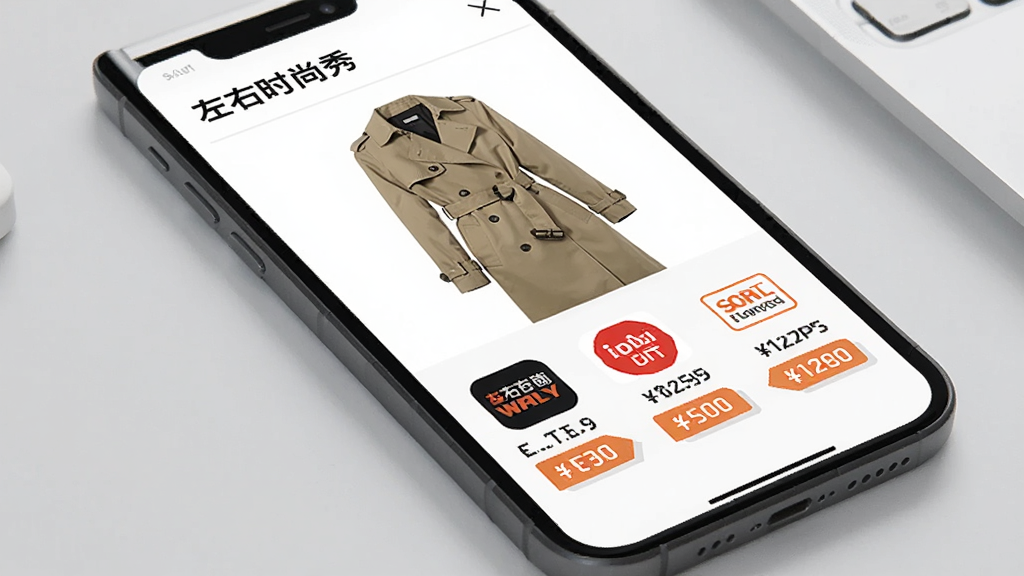 一张AI生成的图片,画面是一个手机屏幕特写,屏幕上显示着“左右时尚秀”的单品比价页面,上方是一件卡其色风衣的图片,下方排列着三个电商平台的图标和对应的价格标签,价格从低到高排列,界面清晰直观,背景是简洁的浅灰色桌面,风格现代扁平,画质干净无多余元素