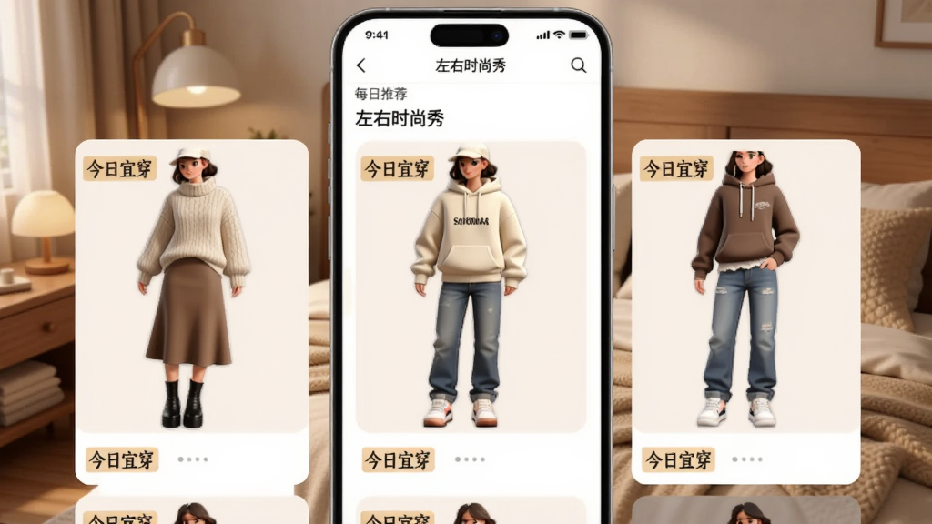 一张AI生成的图片,画面中央是一个虚拟的手机界面,界面上显示着“左右时尚秀”的每日推荐板块,推荐卡片上展示着不同风格的秋冬穿搭,有毛衣配半身裙,有卫衣配牛仔裤,每套搭配旁边还有小标签写着“今日宜穿”,背景是温馨的卧室一角,风格温暖舒适,画质细腻干净