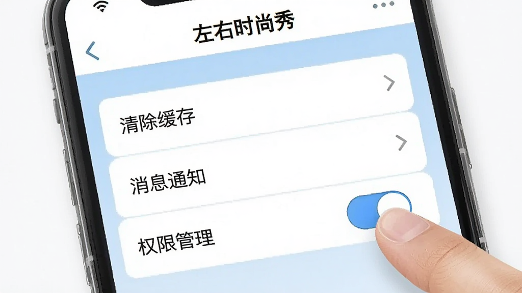 一张AI生成的图片,画面是一个手机屏幕截图风格的示意图,屏幕上显示着“左右时尚秀”的设置页面,页面中有“清除缓存”、“消息通知”、“权限管理”等选项,其中一个通知开关被手指点击关闭,界面设计简洁,以白色和浅蓝色为主,风格清晰易懂,画质干净
