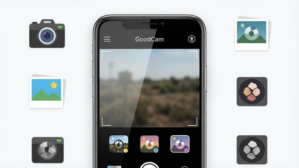 һ��չʾGoodCam��������ȫò��ͼƬ��������һ���ִ������ֻ�����Ļ����ʾ��GoodCam������棬��������ȡ����ͼ����˾�ͼ�ꡣ�������ֻ����У���Χ�������������Ƭ���˾���صļ�Լͼ�ꡣ�Ű�ɾ����ࡣ����ǿƼ���������н�ϵı�ƽ����ơ�ϸ���ϣ��ֻ���Ļ����΢���⣬������������д��