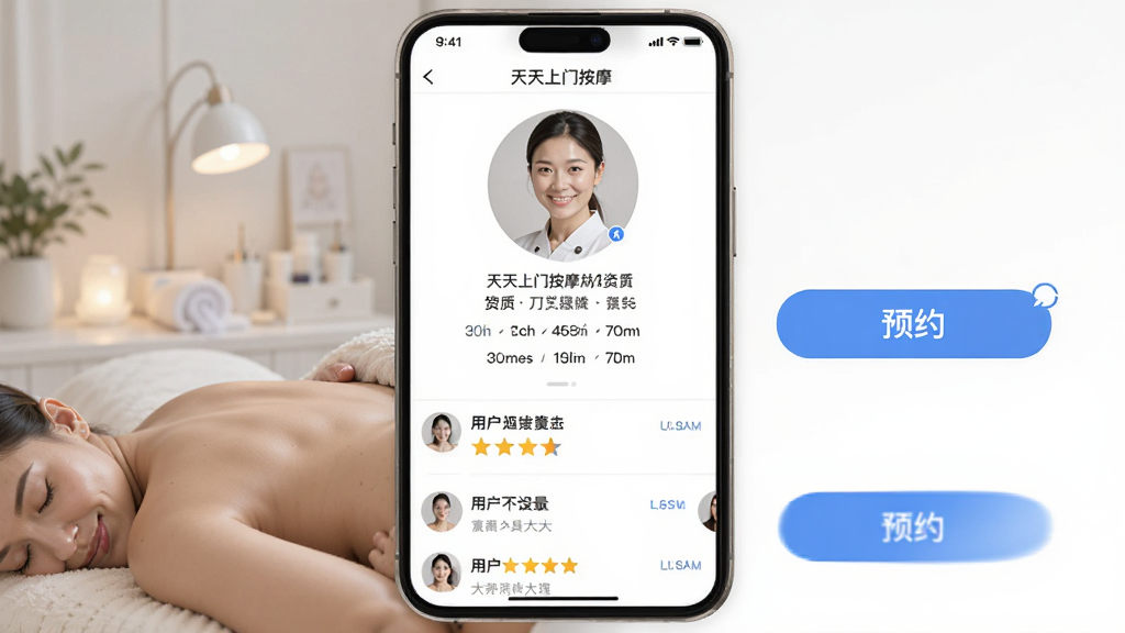 �������Ű�ĦApp�İ�Ħʦ����ҳ�����������ǰ�Ħʦͷ���������Ϣ���·����û������б����Ҳ���ԤԼ��ť����������������࣬���ʸɾ���ͻ�����θ�