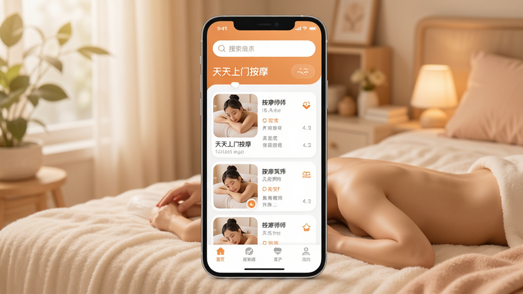�ֻ�Ӧ�ý���չʾ������Ϊ���������Ű�Ħ��App����ҳ�����ְ����������������в���Ħʦ�Ƽ��б����ײ����������Ű�����������ִ���Լ��ϸ��Բ�󣬻��ʸɾ��޶���Ԫ�أ�����ɫ����ůɫΪ����ͻ���������ʵķ�Χ