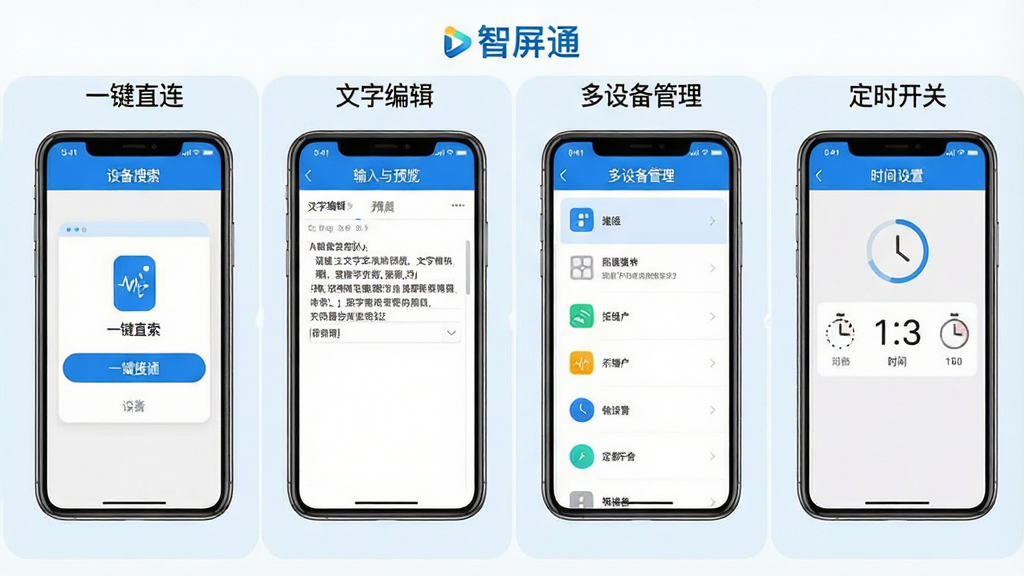 һ�š�����ͨ��App����չʾͼ���������ֻ���Ļ���ֳ��ĸ����飬�ֱ���ʾ��һ��ֱ�������豸�������桢�����ֱ༭����������Ԥ�����桢�����豸�������ķ����б����桢����ʱ���ء���ʱ�����ý��档ÿ��������ǳɫ�ָ��߸�����������ͳһ������ɫ�Ͱ�ɫΪ����ͼ���࣬���ʸɾ��޶���Ԫ��