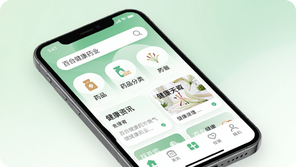 �ٺϽ���ҩҵ �ֻ�Ӧ�ý���չʾ��������һ�������ֻ�����Ļ��ʾ�ٺϽ���ҩҵApp����ҳ����������͵�ǳ��ɫ�Ͱ�ɫ���䣬�������������������������м���ҩƷ����ͼ��ͽ�����Ѷ��Ƭ���ײ��ǵ�����������ִ���Լ��ϸ��Բ�󣬻��ʸɾ��޶���Ԫ��