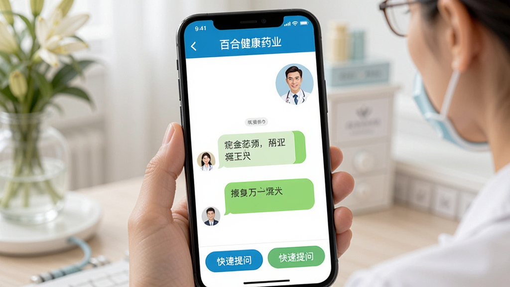 �ٺϽ���ҩҵ ������ѯ���棬�ֻ���Ļ��ʾ����Ի����û���������֢״������������ҩʦͷ��ͻظ����ݣ�����ײ��п�����ʰ�ť���������רҵ�����ʸɾ�