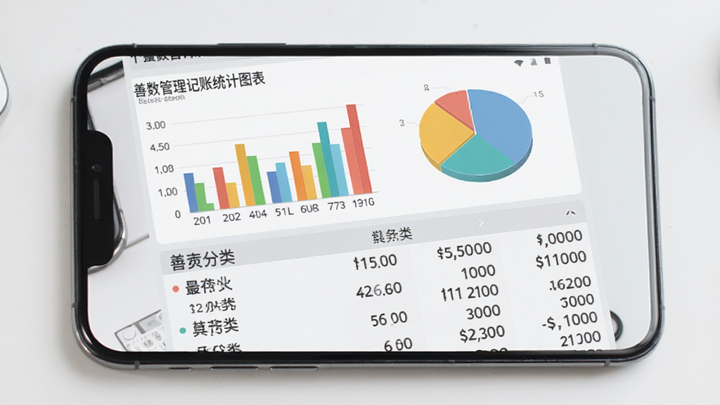 善数管理记账统计图表界面,手机屏幕显示着彩色柱状图和饼状图,图表下方有详细的分类流水列表,界面背景为浅灰色,文字清晰,设计风格商务简约,整体画面干净整洁,无多余装饰。