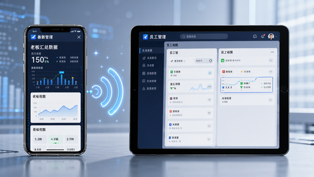 善数管理多端协同示意图,画面中有一部手机和一台平板电脑并排摆放,两个屏幕上都显示着善数管理的界面,手机屏幕显示老板视图的汇总数据,平板屏幕显示员工视图的操作界面,两者之间有无线信号连接的视觉元素,风格科技感十足但不过分花哨,画质清晰。