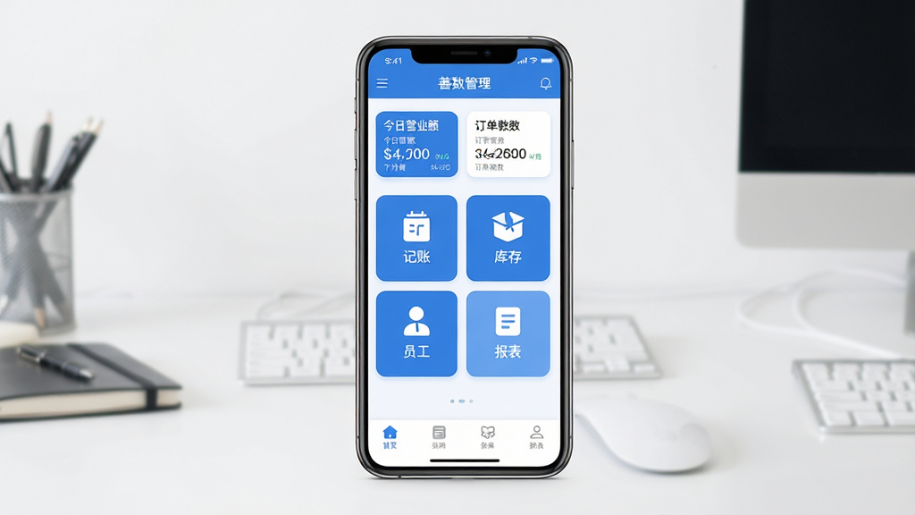 善数管理软件主界面全貌展示,画面中央是一个现代化的智能手机,屏幕里显示着善数管理APP的首页,布局清晰,顶部是今日营业额和订单数量的数字卡片,中间是四个大模块图标分别代表记账、库存、员工和报表,底部是导航栏,整体色调为干净的蓝白色,扁平化设计风格,细节圆润,画质清晰明亮,背景是简洁的办公桌面,无多余杂物。