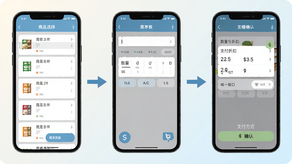 善数管理收银操作流程图,展示手机屏幕上三个连续的界面截图,第一步是商品选择列表,第二步是数量与折扣调整,第三步是支付方式选择与确认,每个界面都用箭头连接,背景是干净的浅色渐变,界面元素清晰易辨,风格扁平化,画质锐利。