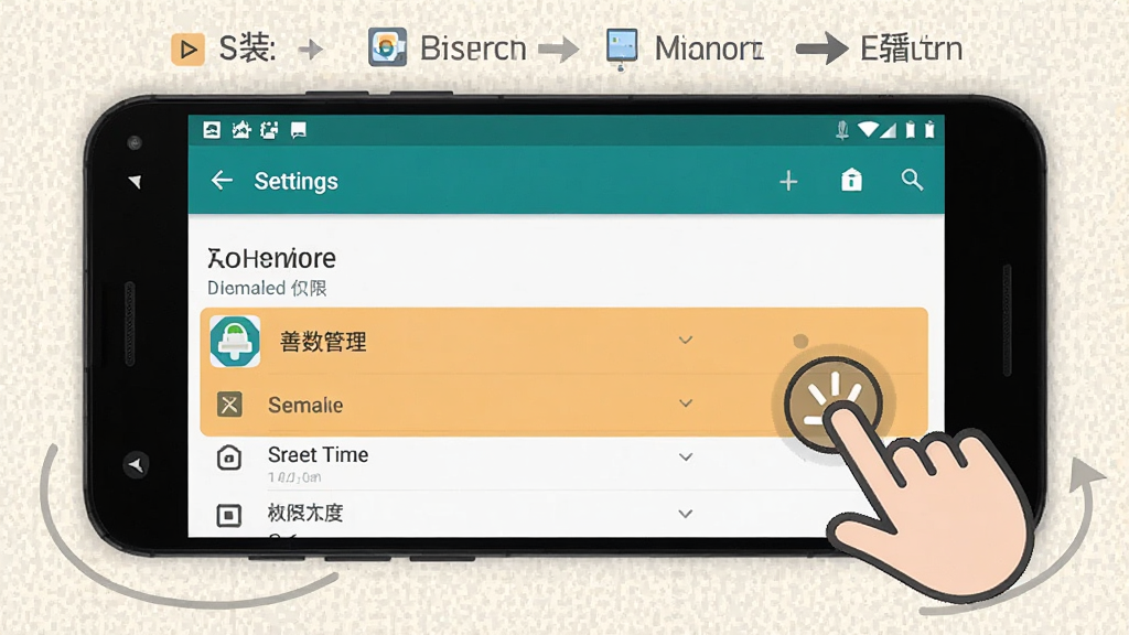 善数管理安装与权限设置教程示意图,画面展示一部安卓手机,屏幕上显示着设置菜单中的“应用权限”页面,善数管理应用的权限列表被高亮显示,旁边有手指点击的图标,背景是简洁的浅色纹理,风格为教程指引类,画质清晰,无杂乱元素。