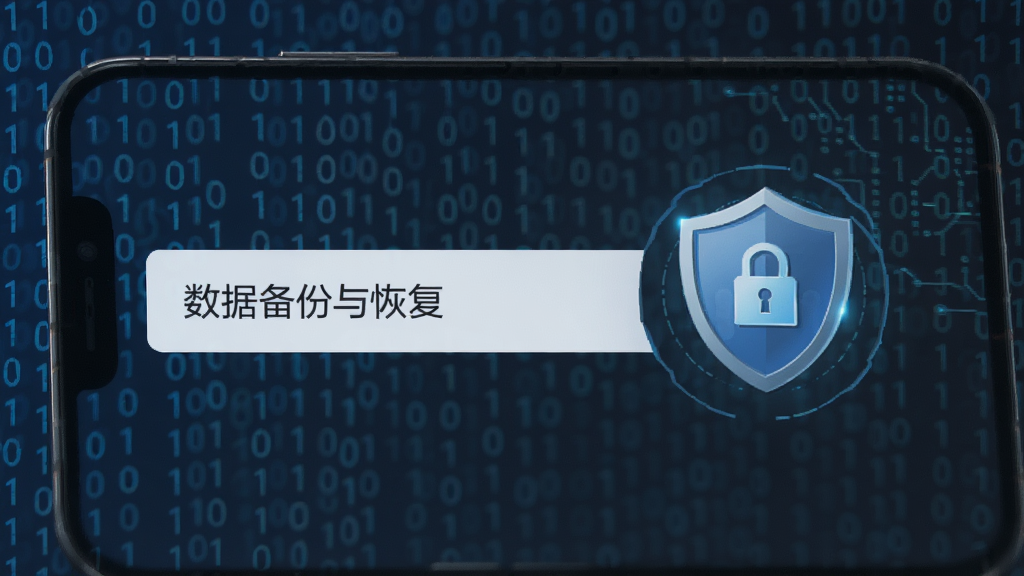 善数管理数据备份与安全界面,手机屏幕显示着设置菜单中的“数据备份与恢复”选项,旁边有一个盾牌形状的安全图标,背景是抽象的二进制代码流,风格偏向科技安全,颜色以蓝色和深灰色为主,画质干净利落。
